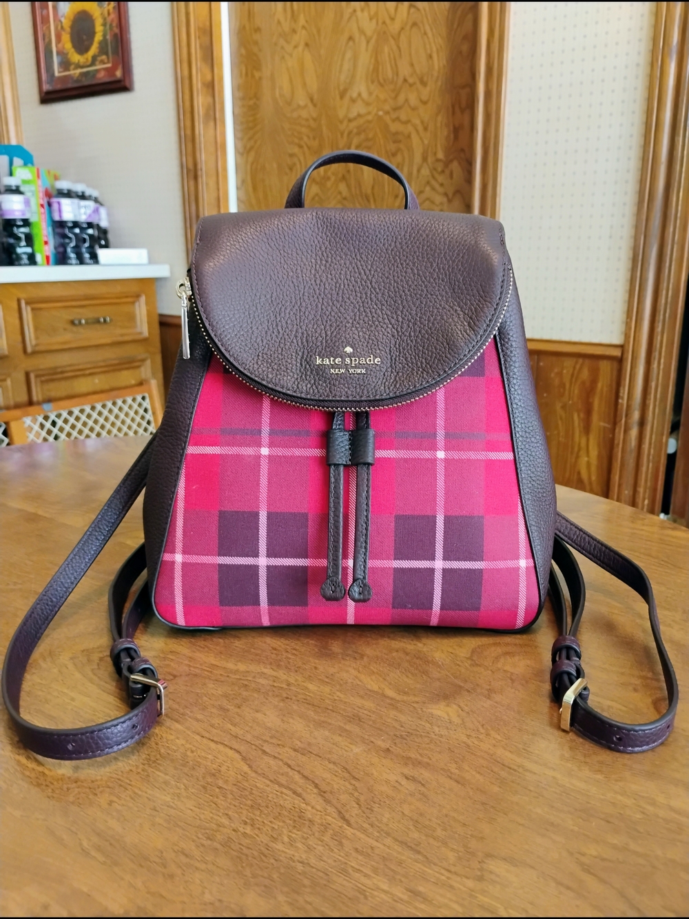 Kate Spade "Leila" Plaid Medium Brown Pebble Grain Leather Backpack Red/Brown